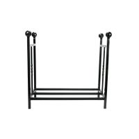 The Rectangular Fireside Log Holder with Ball Finials in Matt Black Shown from the Side on a White Background