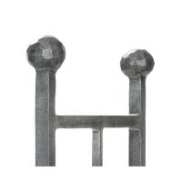 The Rectangular Fireside Log Holder with Ball Finials in Pewter Showing a Close up of the Finials