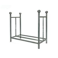 The Rectangular Fireside Log Holder with Ball Finials in Pewter Shown from an Angle on a White Background