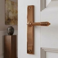 The Reeded Slimline Lever Espagnolette Door Latch in Polished Bronze Mounted onto a Clean White Door in a Country Home - Digital Illustration 