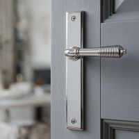 The Reeded Slimline Lever Espagnolette Door Latch in Polished Chrome on a Grey Door in a Modern Property - Digital Illustration