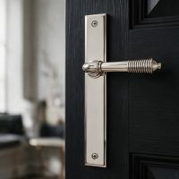 The Reeded Slimline Lever Espagnolette Door Latch in Polished Nickel on a Black Door in a Modern Home - Digital Illustration