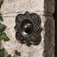 The "Regent Hill" Ornate Burnished Copper Bell Push on a Sunny Wall Next to a Front Door - Digital Illustration The "Regent Hill" Ornate Burnished Copper Bell Push on a Sunny Wall Next to a Front Door - Digital Illustration