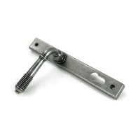 The Ribbed Slimline Exterior Door Handle in a Pewter Patina Finish on a white Background Shown at an Angle The Ribbed Slimline Exterior Door Handle in a Pewter Patina Finish on a white Background Shown at an Angle