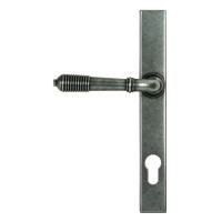The Ribbed Slimline Exterior Door Handle in a Pewter Patina Finish on a white Background Shown from the Back The Ribbed Slimline Exterior Door Handle in a Pewter Patina Finish on a white Background Shown from the Back