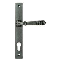 The Ribbed Slimline Exterior Door Handle in a Pewter Patina Finish on a white Background Shown from the Front The Ribbed Slimline Exterior Door Handle in a Pewter Patina Finish on a white Background Shown from the Front