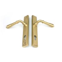 The Ribbed Slimline Exterior Door Handle in a Satin Brass Finish on a White Background Shown with the Front and Back Together The Ribbed Slimline Exterior Door Handle in a Satin Brass Finish on a White Background Shown with the Front and Back Together