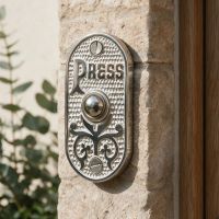 The "Ribbey Hall" Bright Chrome Brass Bell Push Mounted on a Stone Wall next to a Door - Digital Illustration The "Ribbey Hall" Bright Chrome Brass Bell Push Mounted on a Stone Wall next to a Door - Digital Illustration