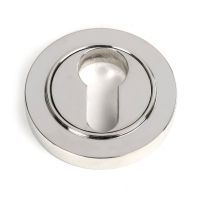 The Round Concealed Euro Keyhole Escutcheon in Polished Stainless Steel Shown on a White Background