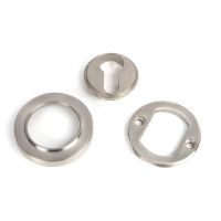 The Round Concealed Euro Keyhole Escutcheon in Satin Stainless Steel Shown with all Components on a White Background