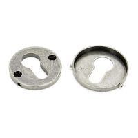 The Round Concealed Euro Profile Escutcheon - Pewter on a White Background Showing the Front and the Back The Round Concealed Euro Profile Escutcheon - Pewter on a White Background Showing the Front and the Back