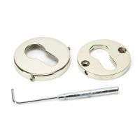 Round Concealed Euro Profile Escutcheon - Polished Nickel on a White Background Showing the Front and the Back Round Concealed Euro Profile Escutcheon - Polished Nickel on a White Background Showing the Front and the Back