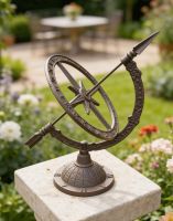 The Rustic Metal Altair Armillary On Stand Placed on a Square Plinth in a Sunny Garden Setting - Digital Illustration The Rustic Metal Altair Armillary On Stand Placed on a Square Plinth in a Sunny Garden Setting - Digital Illustration