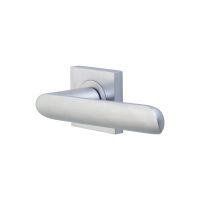 The Satin and Polished Chrome Square Rose Door Handles - Curved Lever Pair on a White Background 