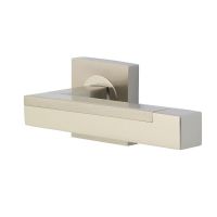 The Satin and Polished Nickel Square Rose Door Handles - Modern Lever Pair on a White Background
