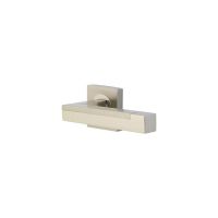 The Satin and Polished Nickel Square Rose Door Handles - Modern Lever Pair on a White Background