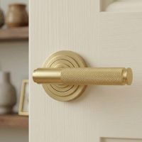 The Satin Brass "Royale" Unsprung Art-Deco Door Handle on Rose Set Shown Up Close on a Wooden Door in an Interior Setting - Digital Illustration