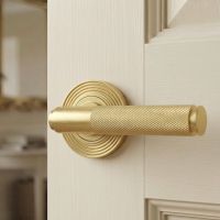 The Satin Brass "Royale" Unsprung Beehive Door Handle on Rose Set Shown up Close on a White Door in a Modern Home - Digital Illustration
