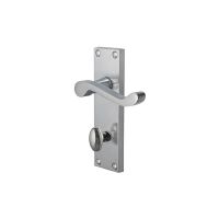 The Satin Chrome Victorian Scroll Bathroom Door Handles - 150mm Lever Lock Pair on a white Background 