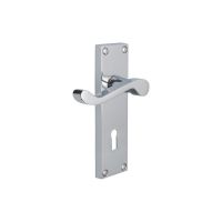 The Satin Chrome Victorian Scroll Lock Door Handles - 150mm Keyhole Lever Pair on a White Background