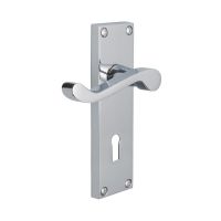 The Satin Chrome Victorian Scroll Lock Door Handles - 150mm Keyhole Lever Pair on a White Background