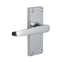 The Satin Chrome Victorian Straight Door Handles - 115mm Lever Latch Pair on a White Background The Satin Chrome Victorian Straight Door Handles - 115mm Lever Latch Pair on a White Background