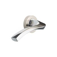 The Satin Nickel Round Rose Door Handles - Arched Flat-Top Lever Pair on a White Background