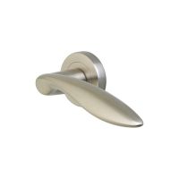 The Satin Nickel Round Rose Door Handles - Elegant Leaf Lever Pair on a White Background