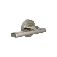 The Satin Nickel Round Rose Door Handles - Modern Lever Pair on a White Background