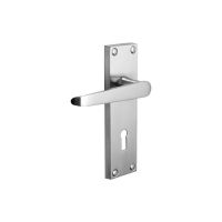 The Satin Chrome Victorian Straight Lock Door Handles - 150mm Keyhole Lever Pair on a White Background