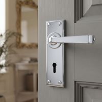 The Sleek Architectural Lever Lock Door Handle Set on Plain Backplate in Polished Chrome in a Period Home Hallway - Digital Illustration