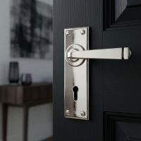 The Sleek Architectural Lever Lock Door Handle Set on Plain Backplate in Polished Nickel on a Black Door in a Modern Hallway - Digital Illustration