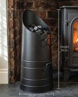 The Sleek Black Coal Hod in a Modern Home with a Lit Log Burner behind - Digital Illustration Diagram