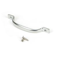 The Slim Sash Window Lift Pull Handle in Satin Chrome Shown Resting on its Side with Supplied Screws The Slim Sash Window Lift Pull Handle in Satin Chrome Shown Resting on its Side with Supplied Screws
