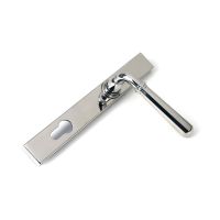 The Slimline Lever Espagnolette Door Handle Set in Polished Stainless Steel Shown Resting on its Side on a White Background
