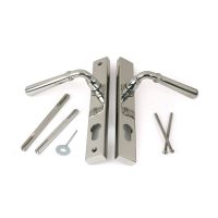 The Slimline Lever Espagnolette Door Handle Set in Polished Stainless Steel Shown with all Supplied Components Including Spindles and Screws