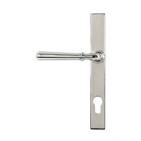 The Slimline Lever Espagnolette Door Handle Set in Polished Stainless Steel Shown with Handle Facing Left on a White Background