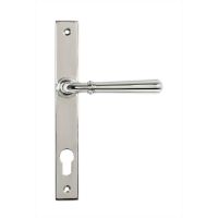 The Slimline Lever Espagnolette Door Handle Set in Polished Stainless Steel Shown with Handle Facing Right on a White Background