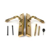The Slimline Lever Espagnolette Door Latch in Aged Brass Laid out with all Supplied Components