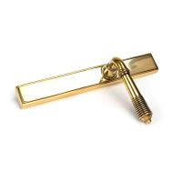 The Slimline Lever Espagnolette Door Latch in Aged Brass Lying on its Side on a White Background