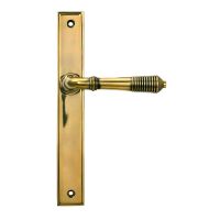 The Slimline Lever Espagnolette Door Latch in Aged Brass Shown on a White Background