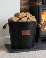 The Small "Wood" Black Log Basket on a Traditional Stone Hearth in a Contemporary Home - Digital Illustration 