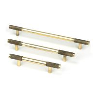 The Small Knurled Cabinet Pull Handle in Aged Brass Shown Alongside Other Sizes on a White Background