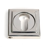 The Square Concealed Euro Keyhole Escutcheon in Polished Stainless Steel Shown on a White Background