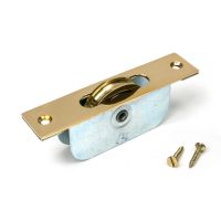 The Square Ended Sash Window Pulley (75kg) in Polished Brass Shown Upright with Supplied Screws