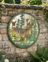 The Stag in Pine Forest Mirrored Garden Wall Art Mounted on a Stone Garden Wall next to Some Ferns - Digital Illustration