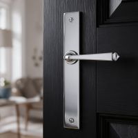 The Tapered Slimline Lever Espagnolette Door Latch in Polished Chrome on a Black Door in a Modern Living Room - Digital Illustration