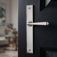 The Tapered Slimline Lever Espagnolette Door Latch  in Polished Nickel on a Navy Door to a Living Room - Digital Illustration
