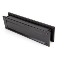 The Traditional 12 Inch Front Door Letter Plate - Antique Period Style Flap in a Black Finish Viewed from the Front