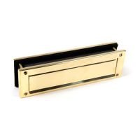 The Traditional 12 Inch Front Door Letter Plate - Antique Period Style Flap in a Polished Brass Finish Viewed from the Front